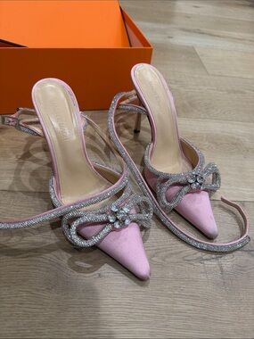 MACH & MACH Pink Crystal Bow Pointed-Toe Slingback Heels with Rhinestone Trim